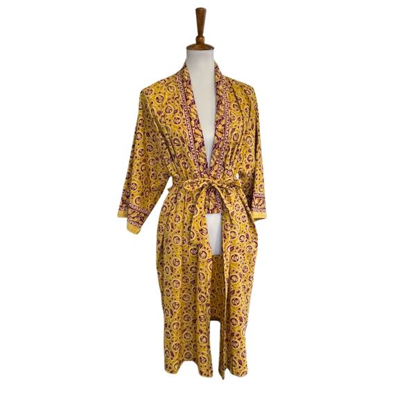 Vintage Boho Golden Yellow Floral Robe Kimono Wrap – Small, Artisan Cotton Blend - Picture 2 of 7